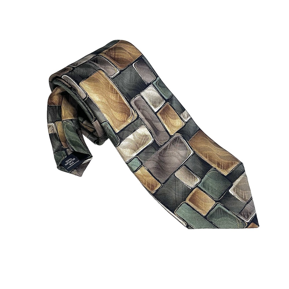 Zylos George Machado Mens Tie 100% Silk Abstract Geometric Brown Tan Green USA